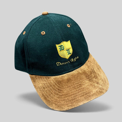 Raree Finds vintage Desert Lake golf hat with a forest green cotton crown, tan suede-look brim, and embroidered crest.