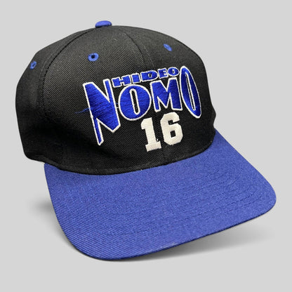 Raree Finds vintage 90s Los Angeles Dodgers Hideo Nomo snapback hat in black and blue with embroidered front detail.