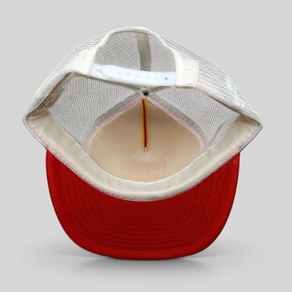 Raree Finds vintage 1980s Domino’s Pizza trucker hat interior view showing white mesh back and red foam brim