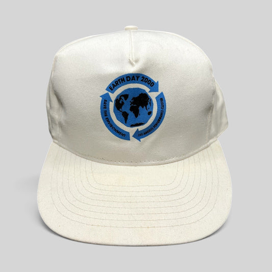 Raree Finds vintage white snapback hat with Earth Day 2000 Save The Environment globe graphic and recycling arrows
