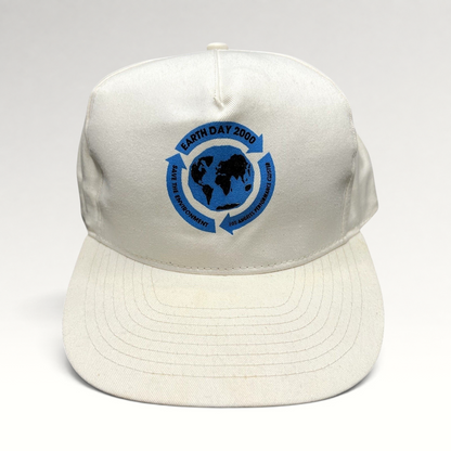 Raree Finds vintage white snapback hat with Earth Day 2000 Save The Environment globe graphic and recycling arrows