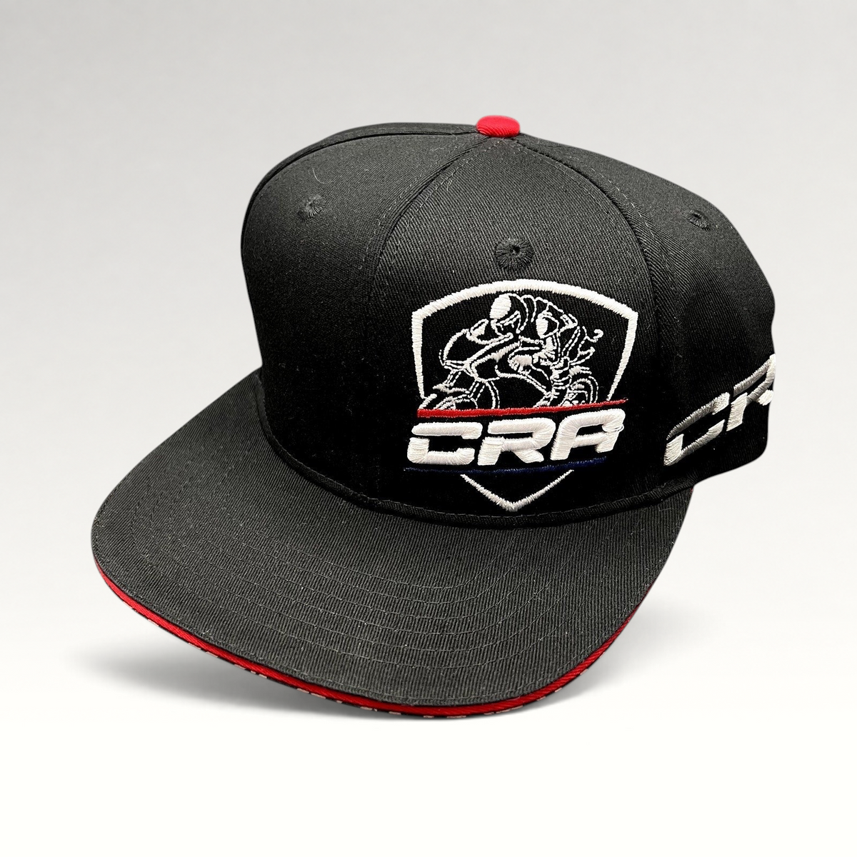 Raree Finds vintage black snapback hat with embroidered ERA motorcycle racing logo and flat brim