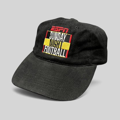 Raree Finds vintage black cotton strapback hat featuring an embroidered ESPN Sunday Night Football logo