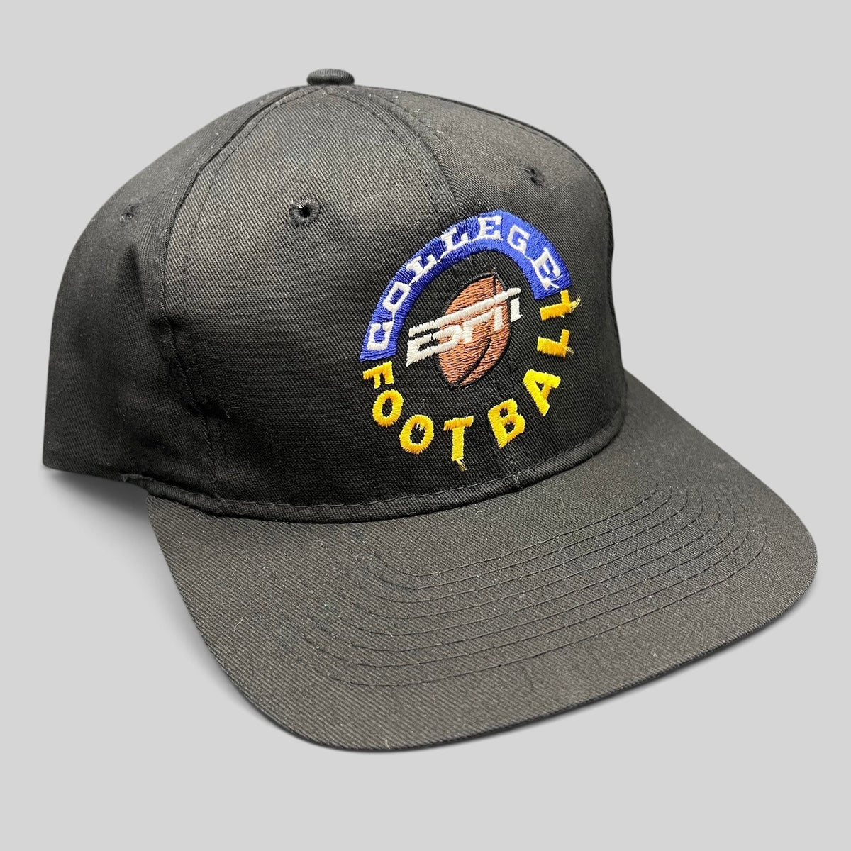 Raree Finds vintage 1995 ESPN College Football snapback hat in black with blue and yellow embroidered logo