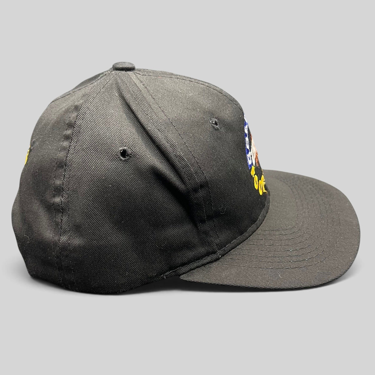 Raree Finds vintage 1995 ESPN College Football snapback hat in black with vibrant blue and yellow embroidery