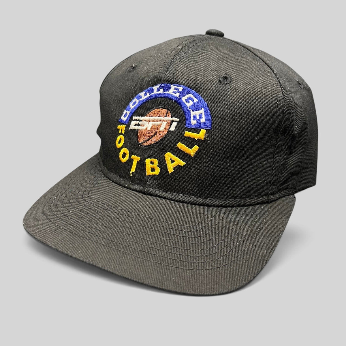 Raree Finds vintage 1995 ESPN College Football snapback hat in black with blue and yellow circular embroidery