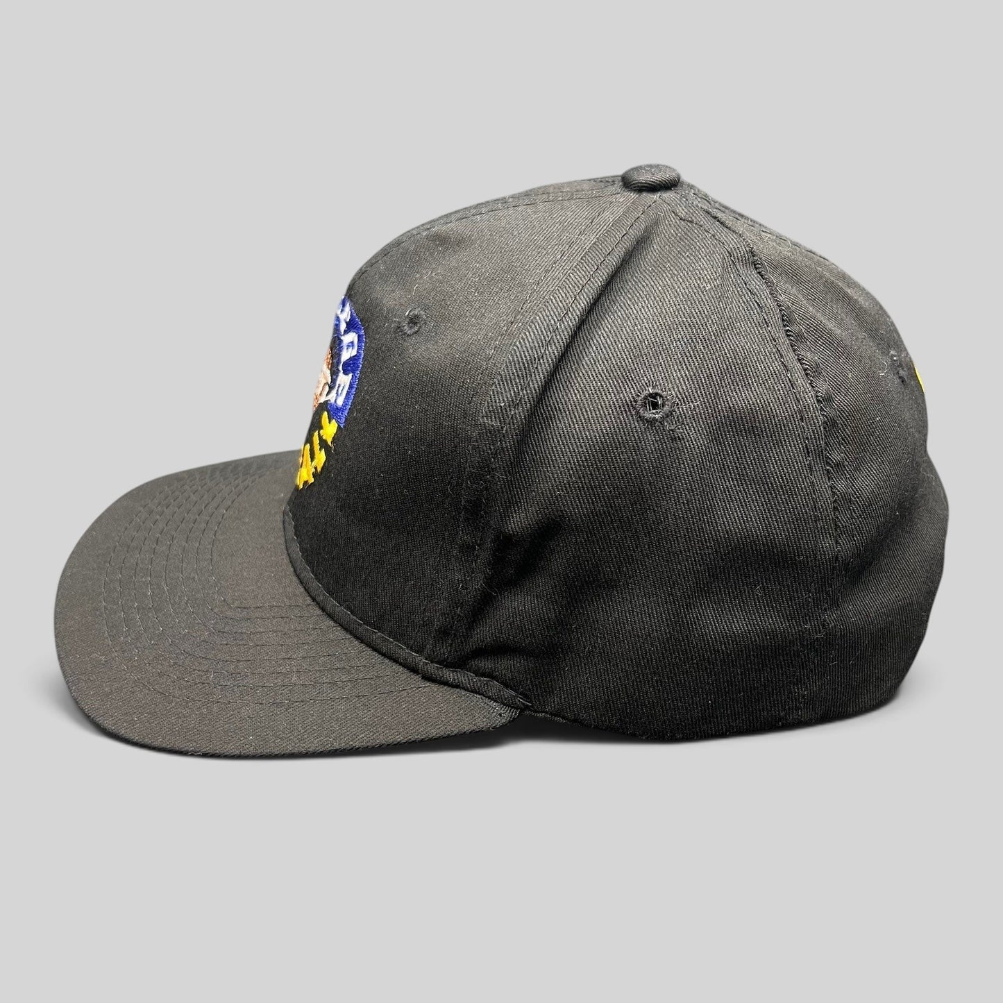 Raree Finds vintage 1995 ESPN College Football snapback hat by Headmaster in black with vibrant embroidered graphic