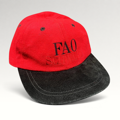 Raree Finds vintage FAO Schwarz youth strapback hat in red wool with a black brim and embroidered logo