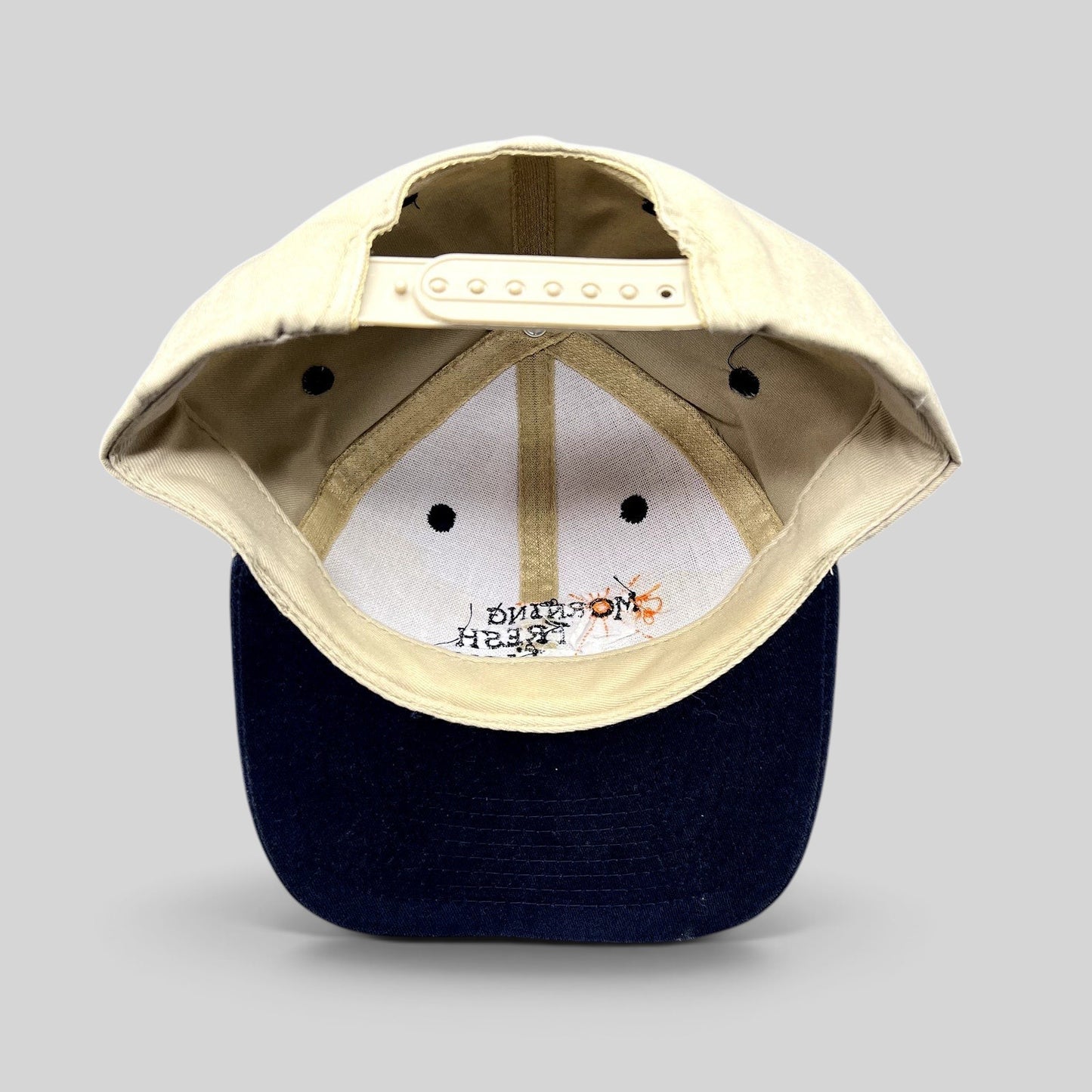 Raree Finds vintage Morning Fresh Farms snapback hat in khaki and navy with an adjustable plastic snap closure.
