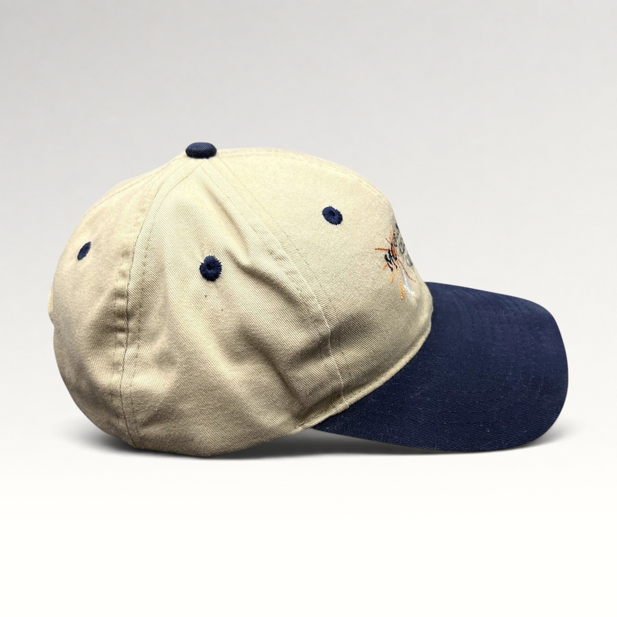 Raree Finds vintage Morning Fresh Farms khaki and navy snapback hat with embroidered logo, side profile view.