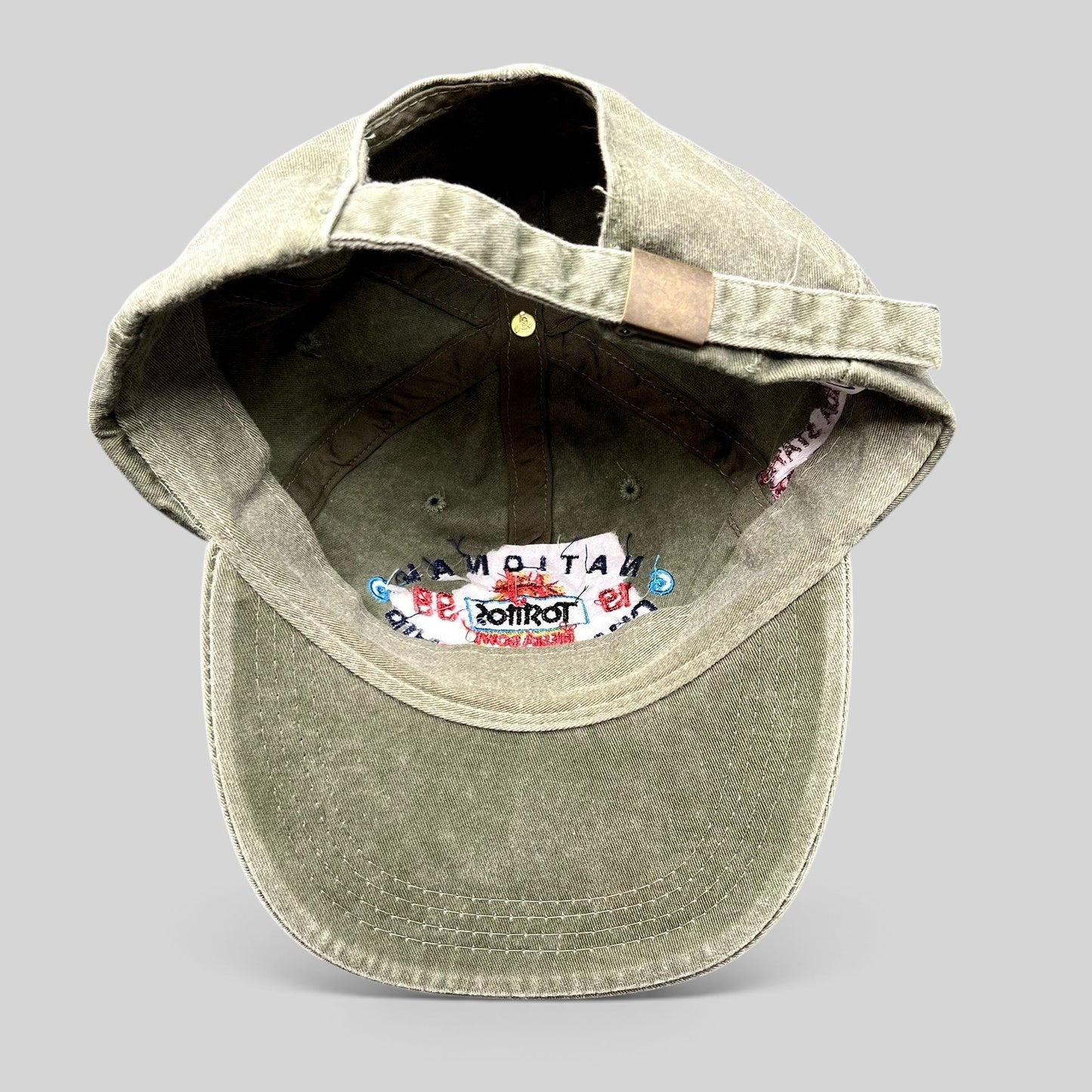Raree Finds vintage 1999 Tostitos Fiesta Bowl olive green cotton strapback hat with brass clasp and interior embroidery
