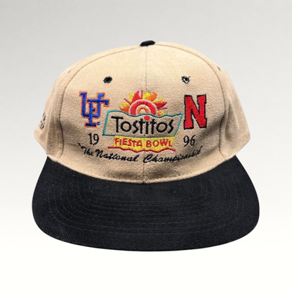 Raree Finds vintage 1996 Tostitos Fiesta Bowl snapback hat with tan crown, black brim, and multicolor team embroidery.