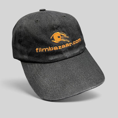 Raree Finds vintage black cotton strapback hat with orange FilmBazaar.com logo embroidery on the front