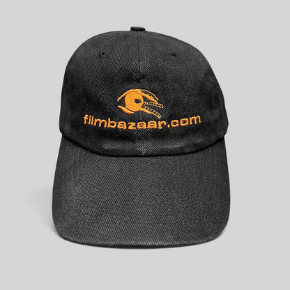 Raree Finds vintage black cotton strapback hat with orange embroidered FilmBazaar.com logo on the front