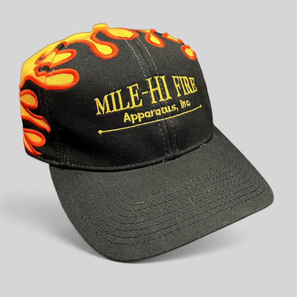 Raree Finds vintage Mile-Hi Fire Apparatus strapback hat with black front, yellow crown, and embroidered flame design.