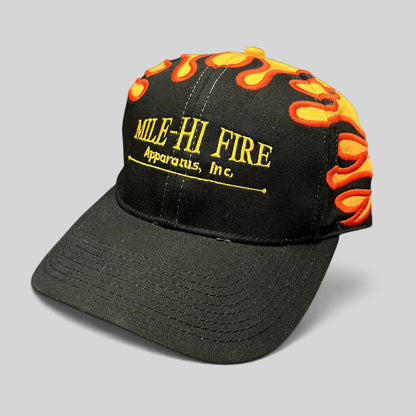 Raree Finds vintage Mile-Hi Fire Apparatus strapback hat with black cotton fabric and embroidered orange flame design.