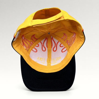 Raree Finds vintage Mile-Hi Fire Apparatus strapback hat showing the interior yellow crown with embroidered red flames