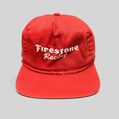 Raree Finds vintage red Firestone Racing snapback hat with white embroidered logo and braided rope brim detail