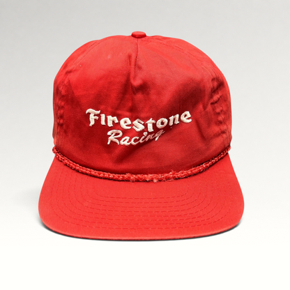 Raree Finds vintage red Firestone Racing snapback hat with white embroidered logo and braided rope brim detail