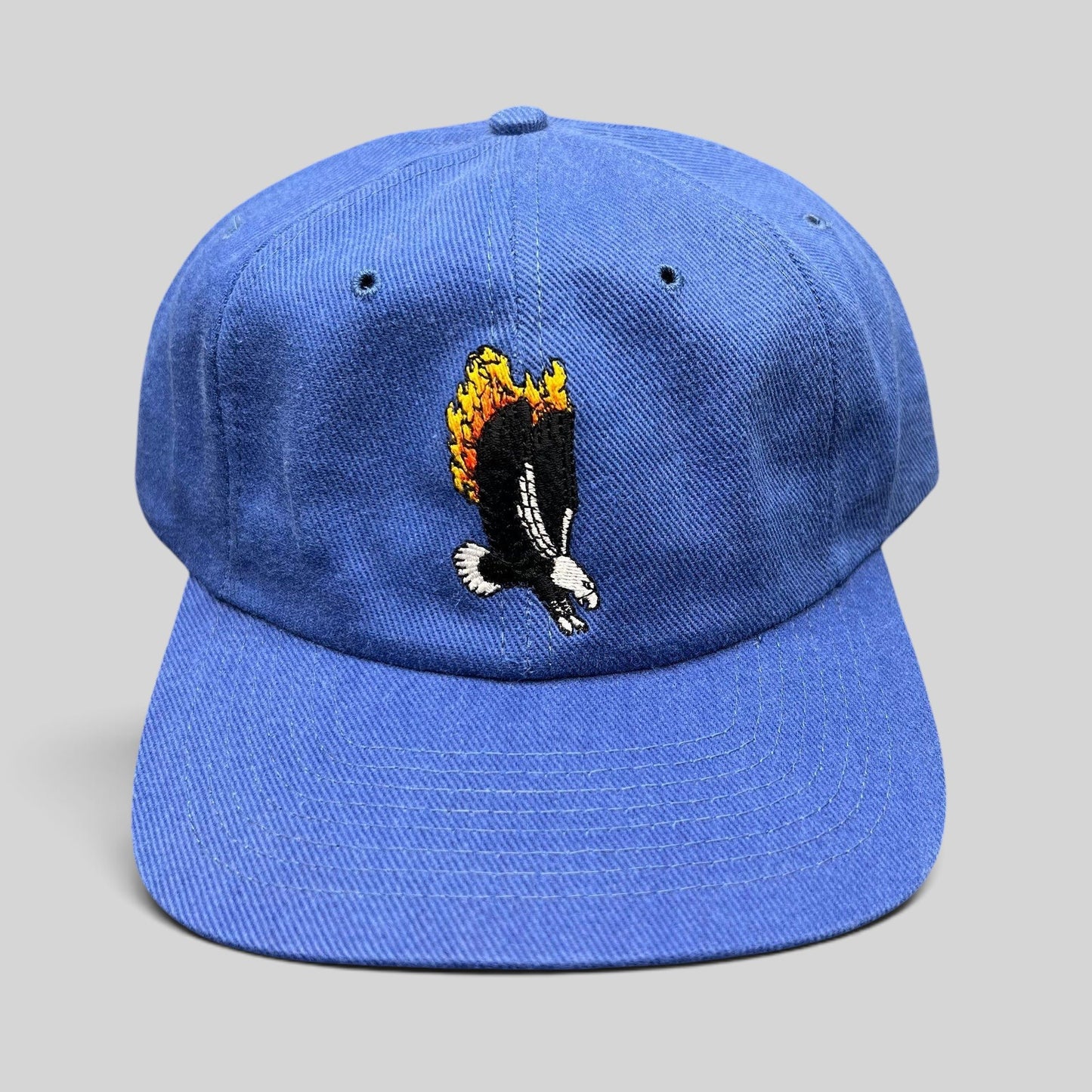 Raree Finds vintage 1998 Firestorm movie cast and crew royal blue strapback hat with flaming eagle embroidery