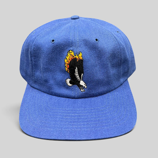 Raree Finds vintage 1998 Firestorm movie cast and crew royal blue strapback hat with flaming eagle embroidery