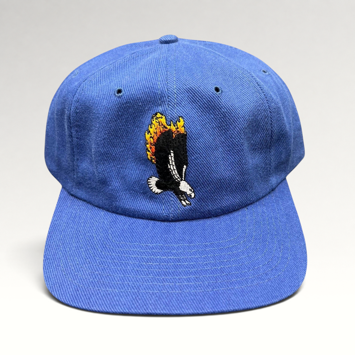 Raree Finds vintage 1998 Firestorm movie cast and crew royal blue strapback hat with flaming eagle embroidery