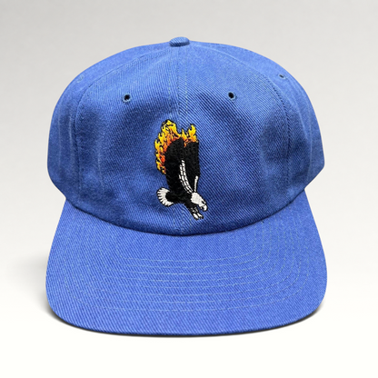 Raree Finds vintage 1998 Firestorm movie cast and crew royal blue strapback hat with flaming eagle embroidery