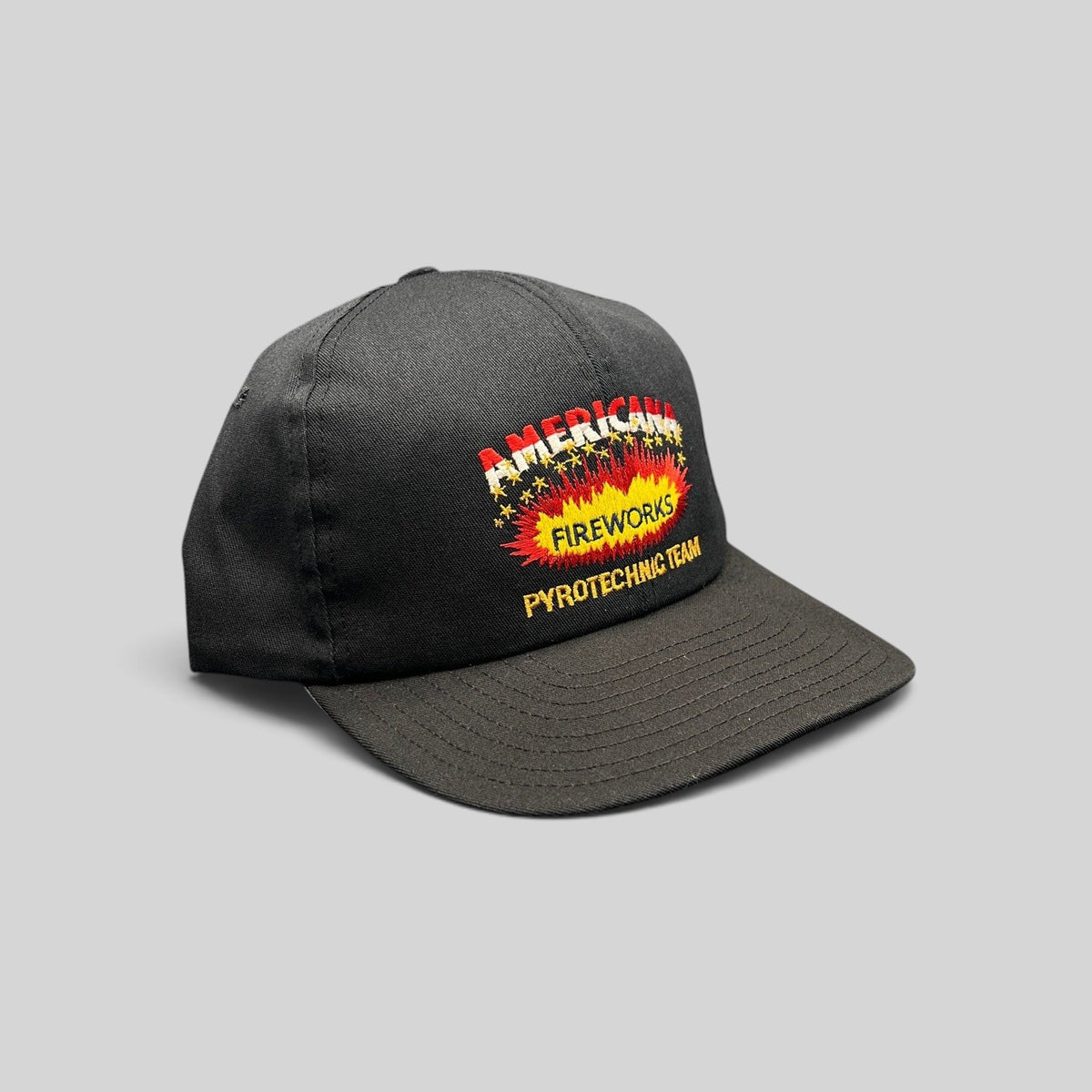 Raree Finds vintage 90s black snapback hat with Americana Fireworks Pyrotechnic Team embroidered explosion graphic