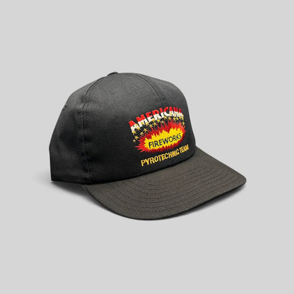 Raree Finds vintage 90s black snapback hat with Americana Fireworks Pyrotechnic Team embroidered explosion graphic