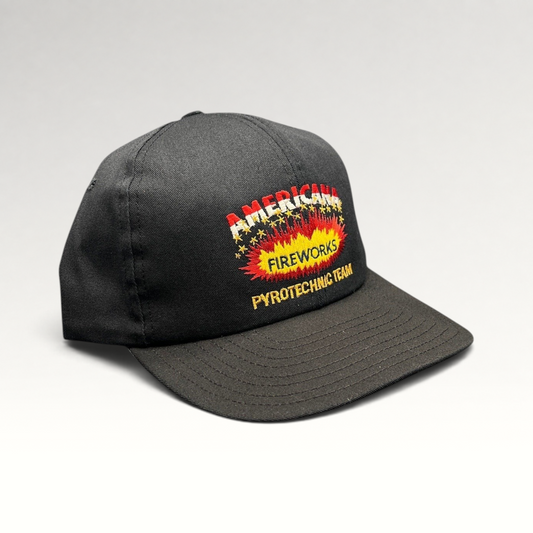 Raree Finds vintage 90s black snapback hat with Americana Fireworks Pyrotechnic Team embroidered explosion graphic