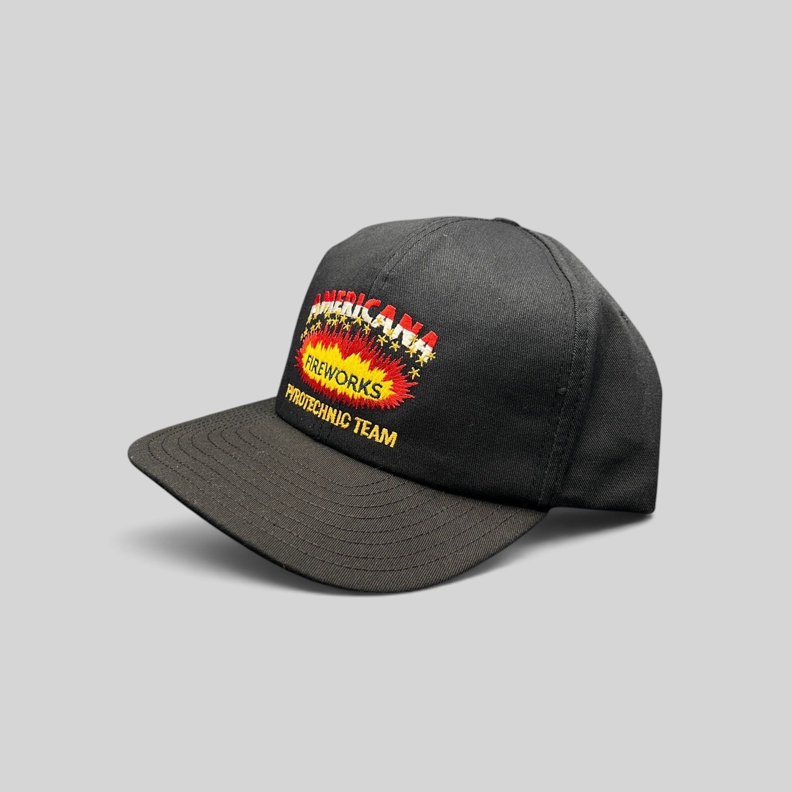 Raree Finds vintage 90s Americana Fireworks black snapback hat with embroidered explosion graphic and flat bill