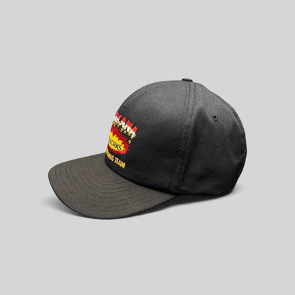 Raree Finds vintage 90s Americana Fireworks black snapback hat with embroidered explosion graphic and flat brim.