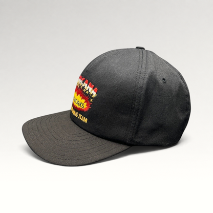 Raree Finds vintage 90s Americana Fireworks black snapback hat with embroidered explosion graphic and flat brim.