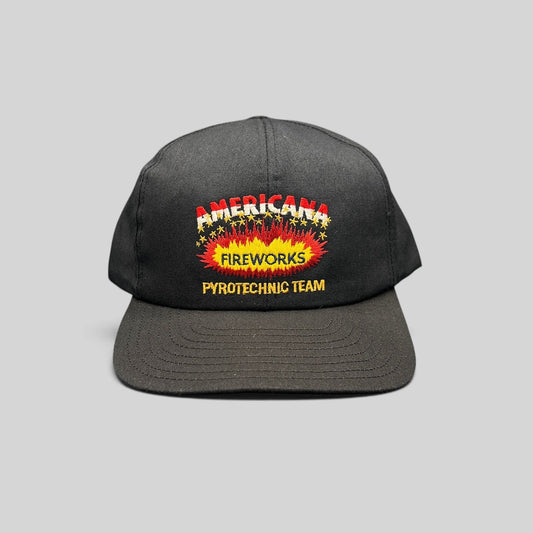 Raree Finds vintage 90s black snapback hat with Americana Fireworks Pyrotechnic Team embroidered explosion graphic