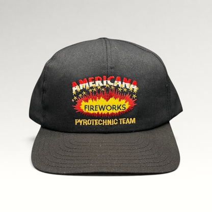 Raree Finds vintage 90s black snapback hat with Americana Fireworks Pyrotechnic Team embroidered explosion graphic