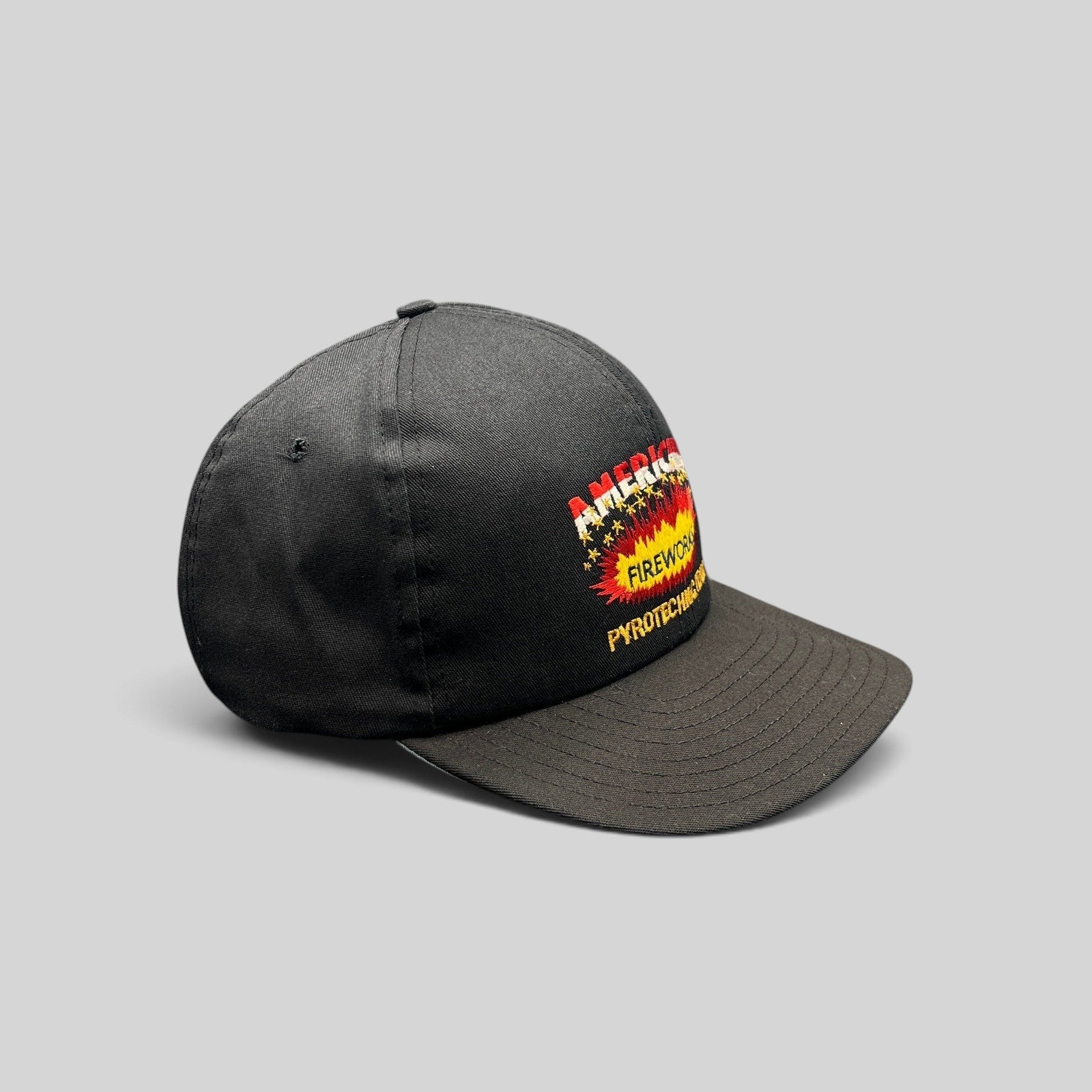 Raree Finds vintage 90s Americana Fireworks Pyrotechnic Team black snapback hat with embroidered firework graphic