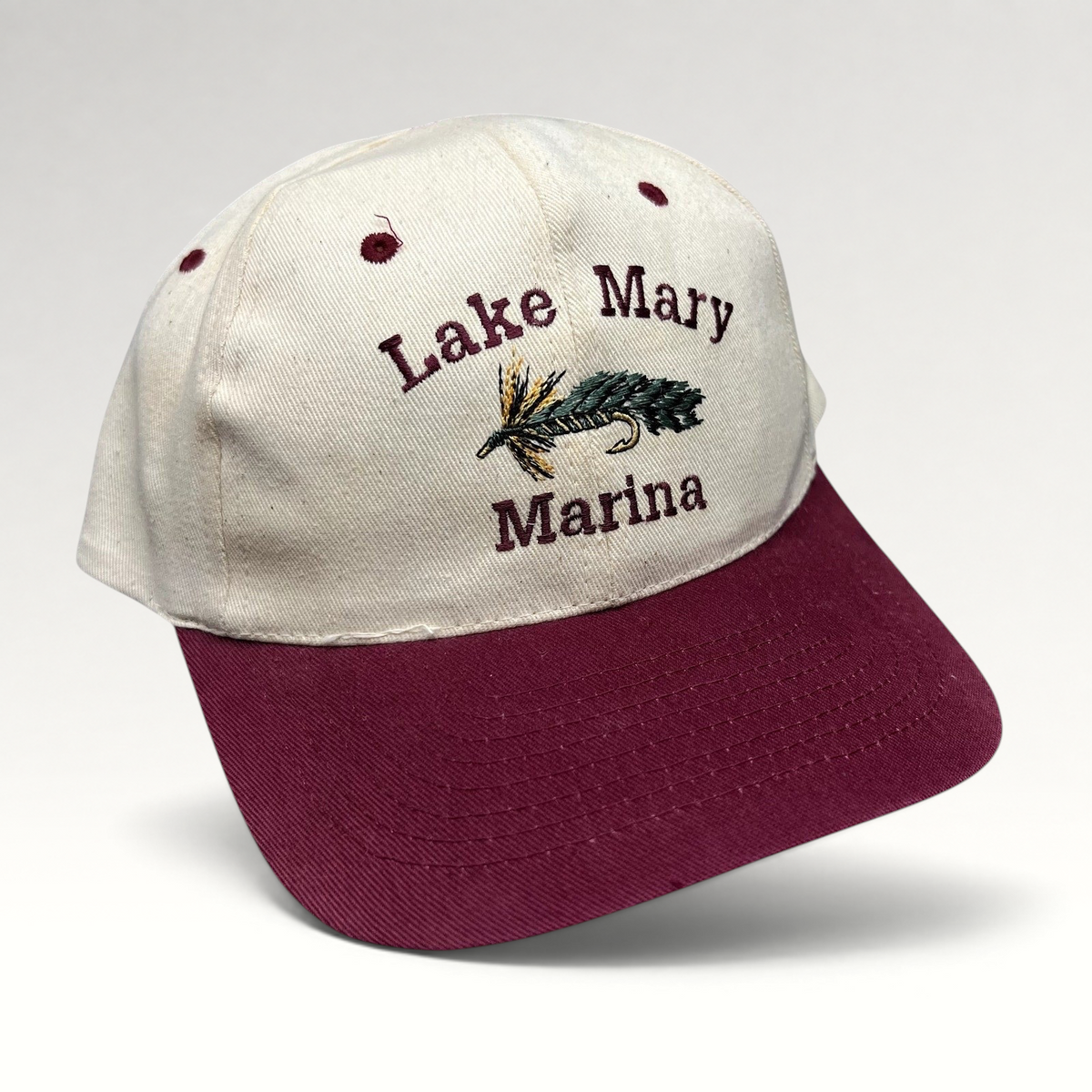 Raree Finds vintage cream and burgundy snapback hat with embroidered Lake Mary Marina fishing fly lure design