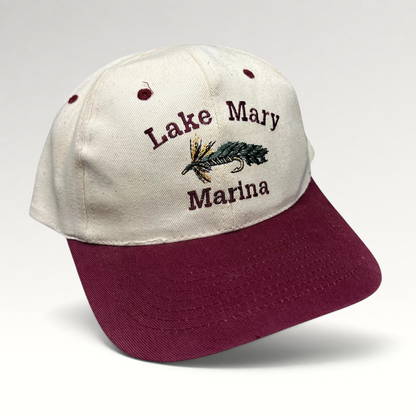 Raree Finds vintage cream and burgundy snapback hat with embroidered Lake Mary Marina fishing fly lure design