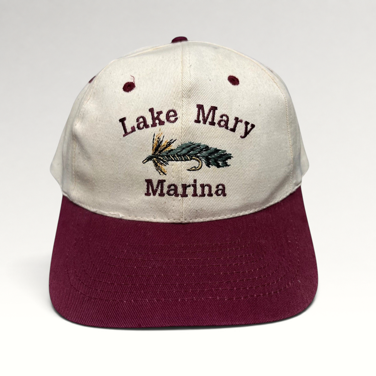 Raree Finds vintage cream and burgundy snapback hat featuring an embroidered Lake Mary Marina fishing fly lure design.