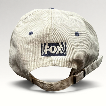 Raree Finds vintage Melrose Place FOX TV show strapback hat in cream with navy embroidered logo and brass buckle