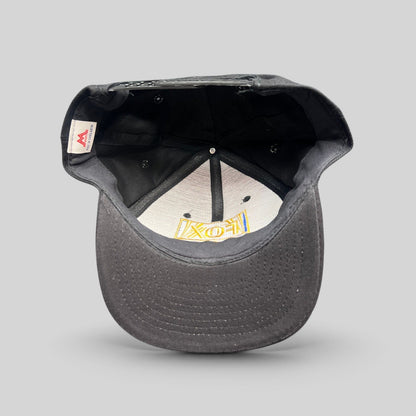 Raree Finds vintage 90s FOX Sports black cotton snapback hat interior view showing Mohr’s brand label and stitching
