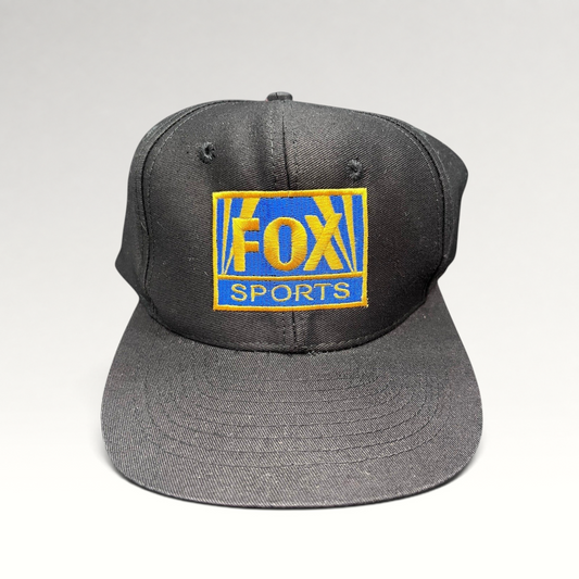 Raree Finds vintage 90s FOX Sports black cotton snapback hat with gold and royal blue embroidered logo