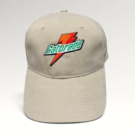 Raree Finds vintage beige cotton strapback hat with embroidered orange and green Gatorade lightning bolt logo