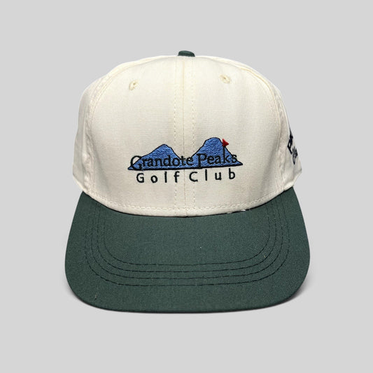 Raree Finds vintage 1997 Imperial Headwear two-tone white and green golf hat with Grandote Peaks Golf Club embroidery