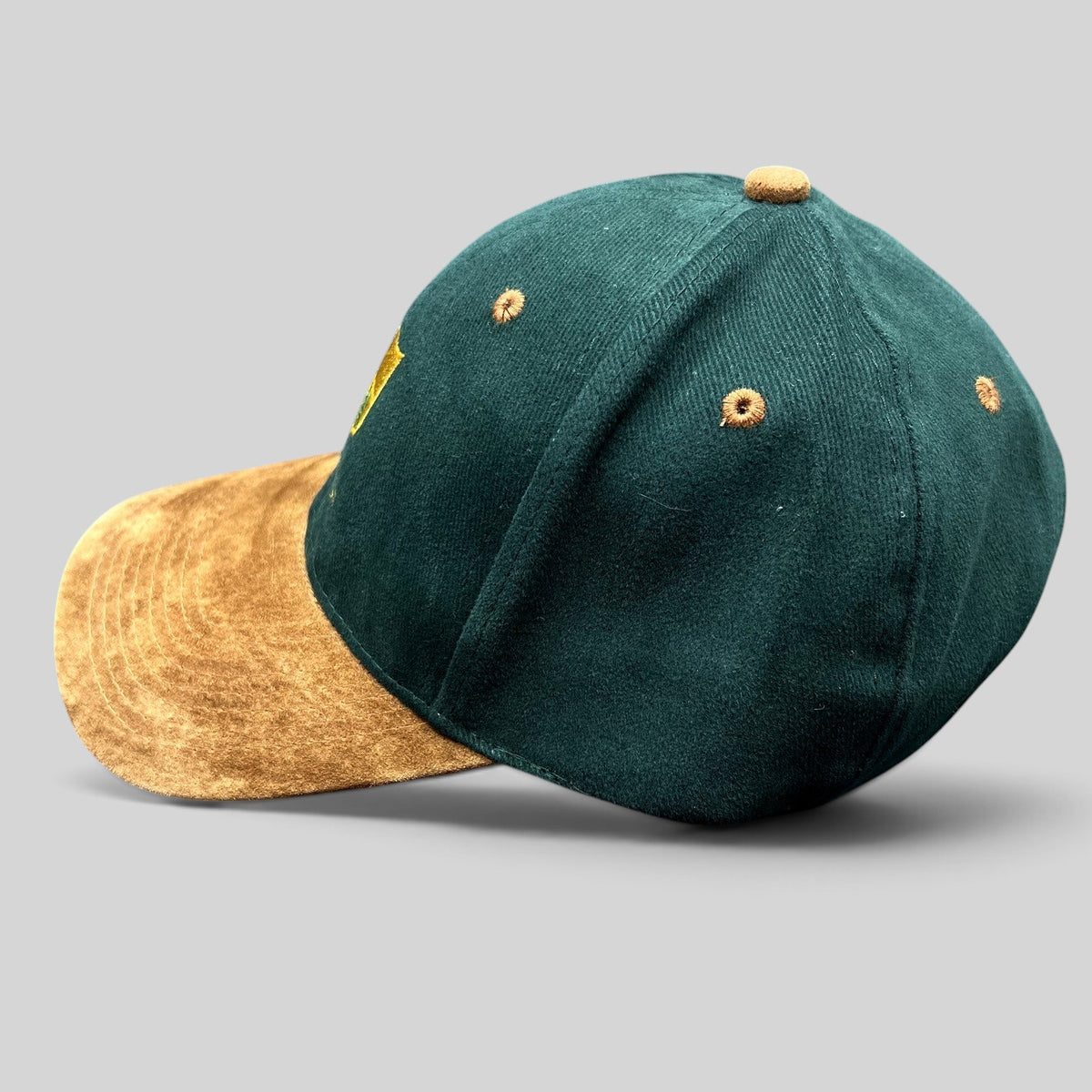 Raree Finds vintage Desert Lake golf strapback hat with a forest green cotton crown and tan suede-look brim.