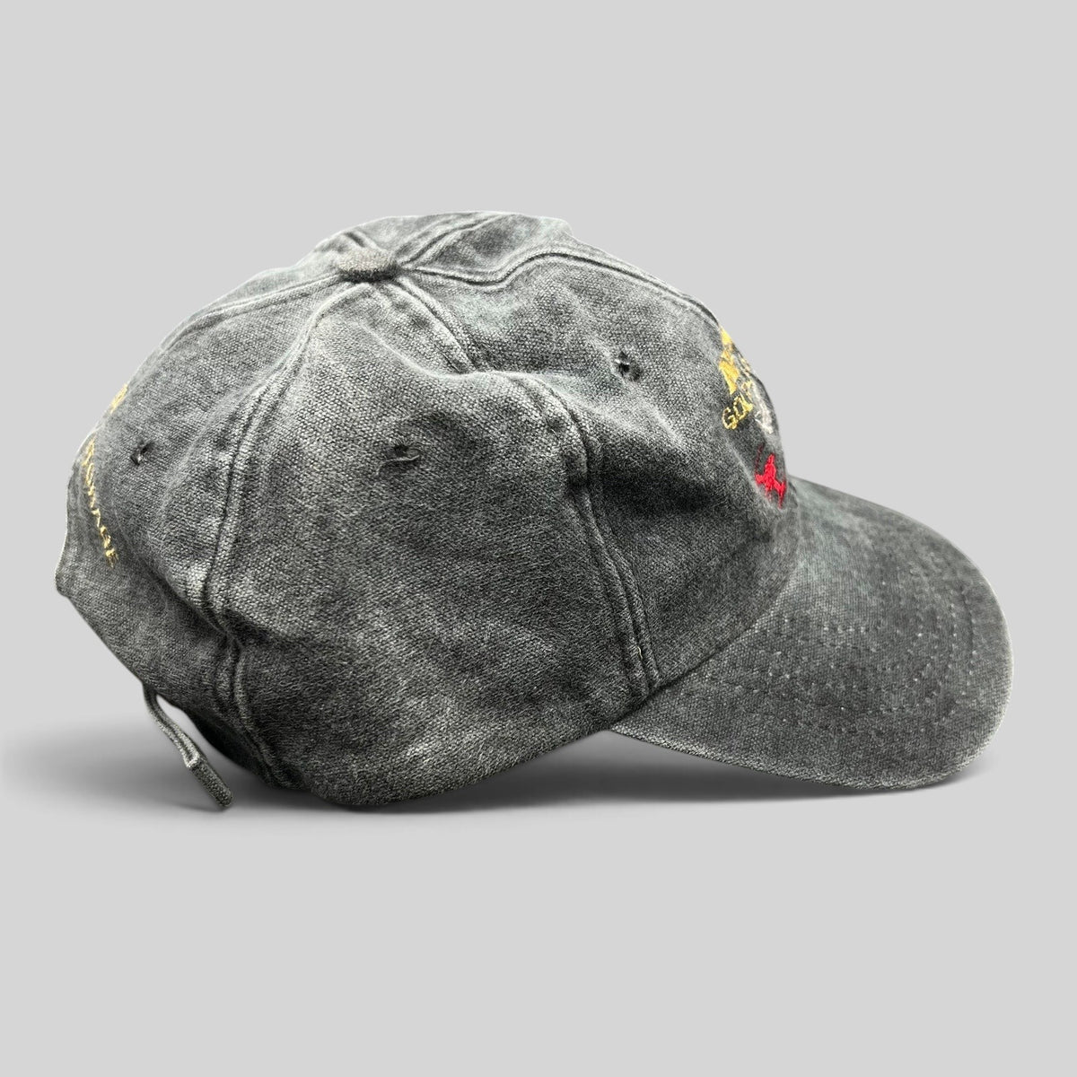 Raree Finds vintage 1998 AVSC Golf Classic Cobra strapback hat in washed black cotton with embroidered golfer graphics.
