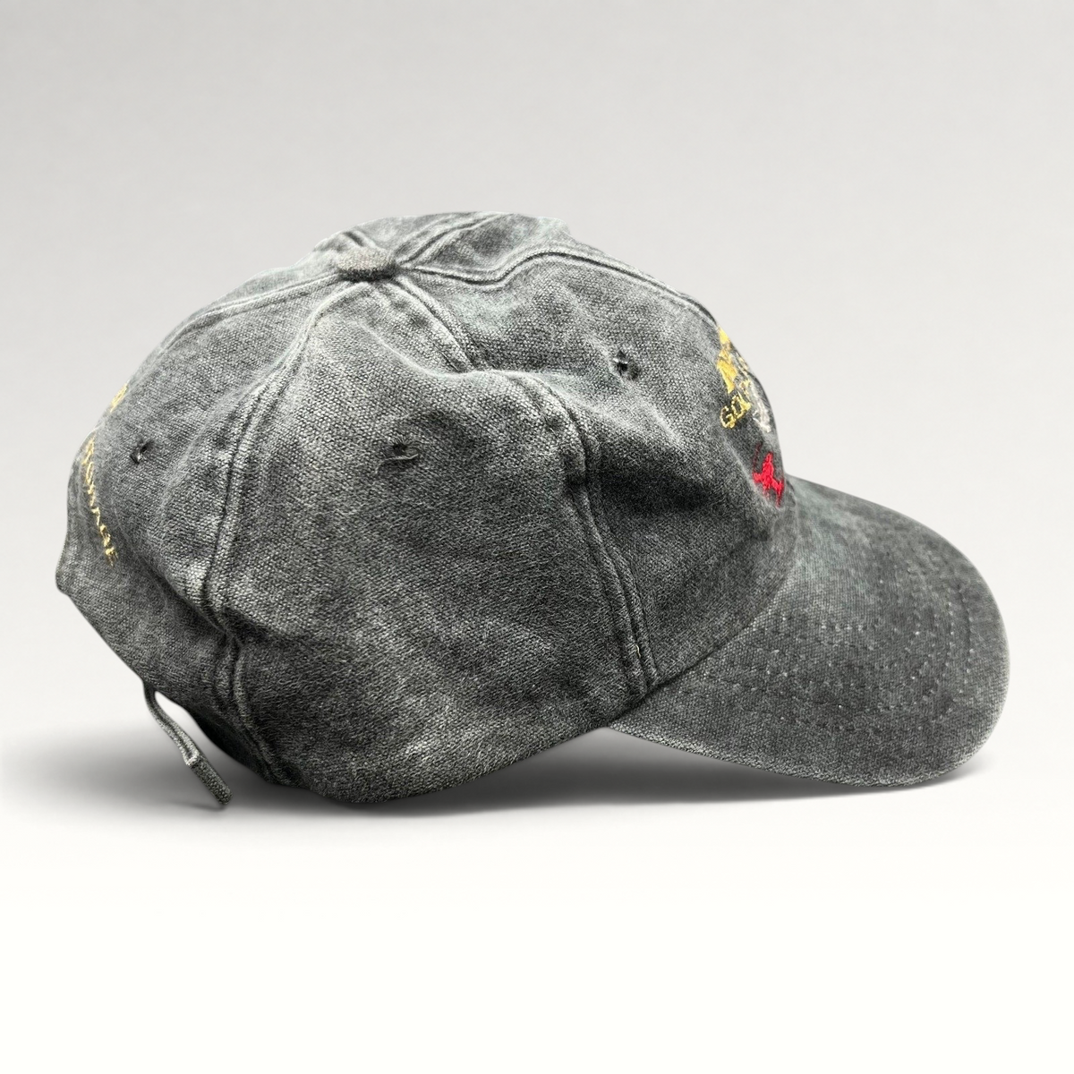 Raree Finds vintage 1998 AVSC Golf Classic Cobra strapback hat in washed black cotton with embroidered golfer graphics.