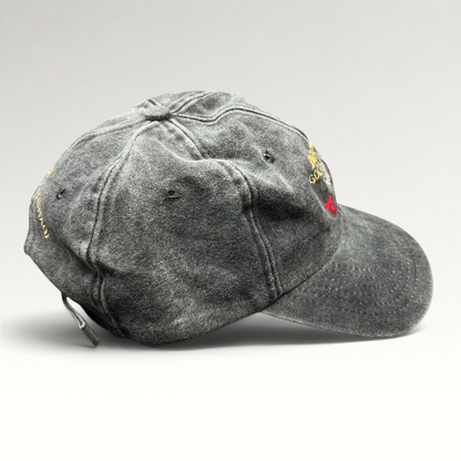 Raree Finds vintage 1998 AVSC Golf Classic Cobra strapback hat in washed black cotton with embroidered golfer graphics.
