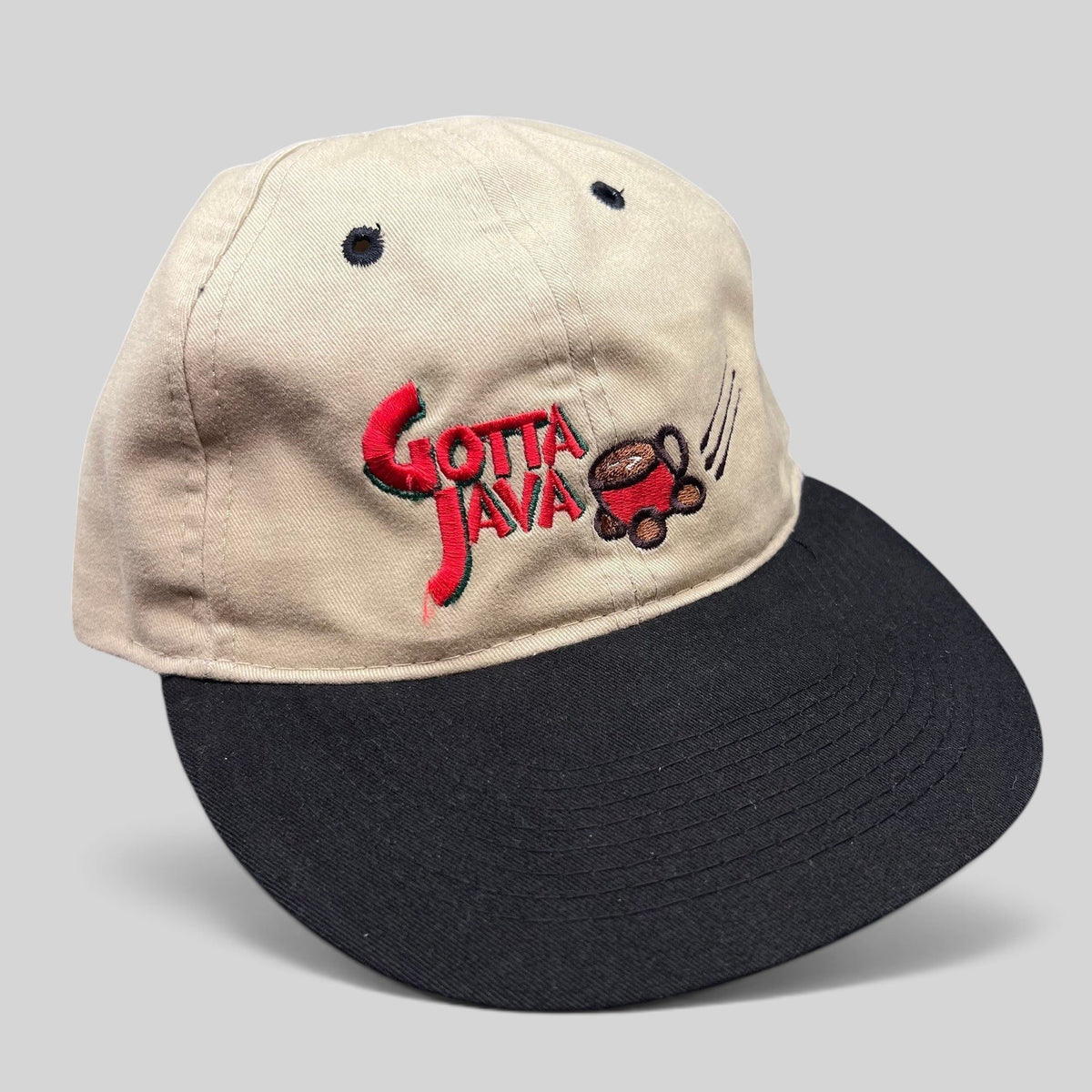 Raree Finds vintage OTTO Cap featuring tan crown, black brim, and embroidered Gotta Java coffee shop logo