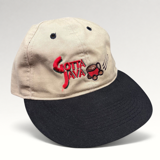 Raree Finds vintage OTTO Cap featuring tan crown, black brim, and embroidered Gotta Java coffee shop logo